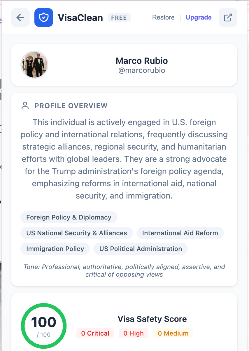 VisaClean - View your visa safety score and results